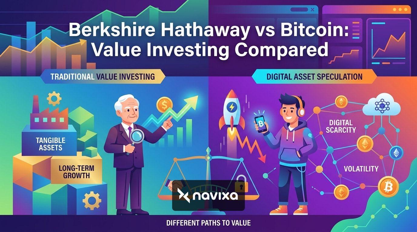 A split scene comparing a traditional Wall Street value investor with a modern Bitcoin crypto trader setup