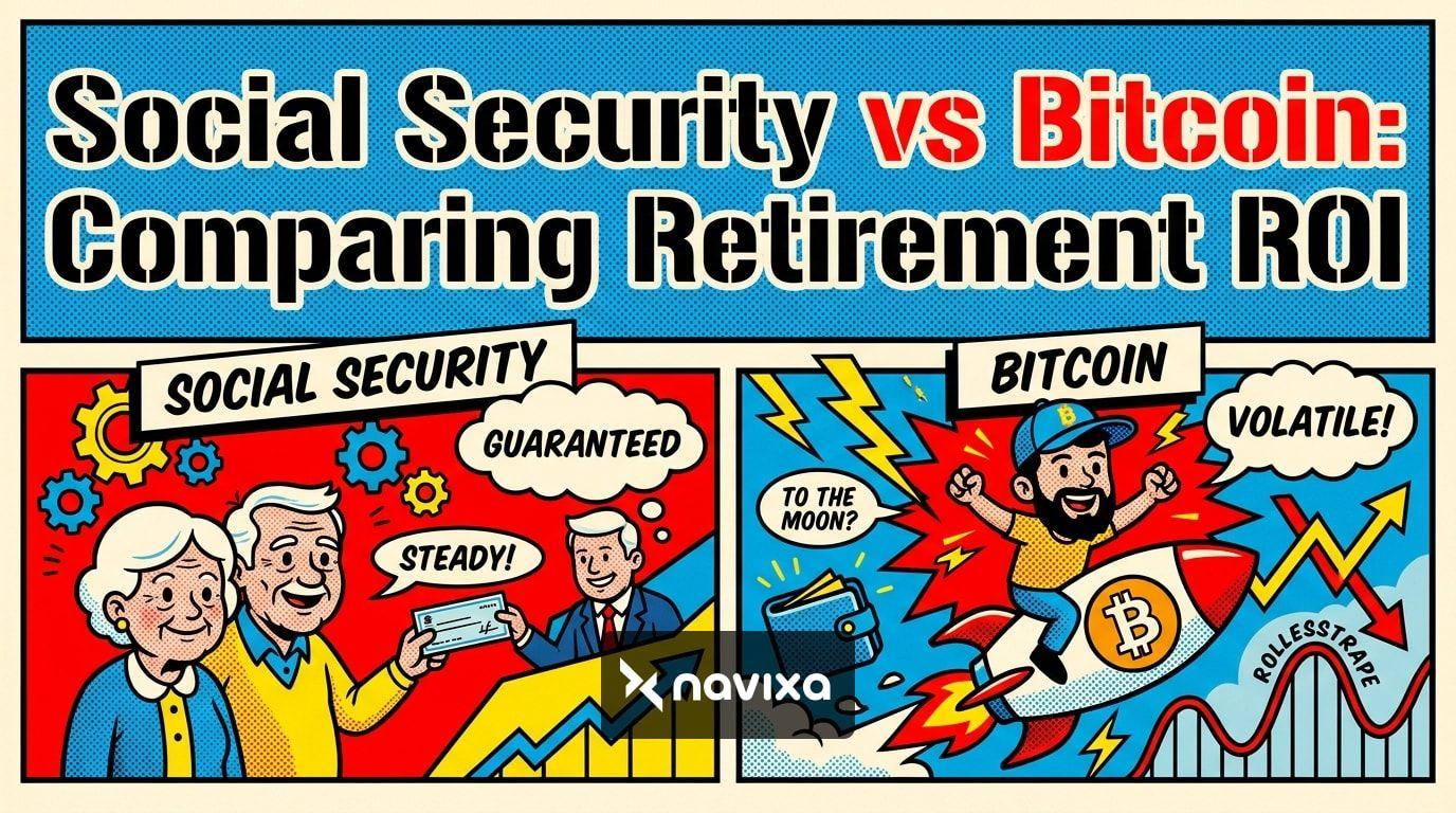 Illustration showing the balancing act of Social Security vs Bitcoin for retirement ROI planning