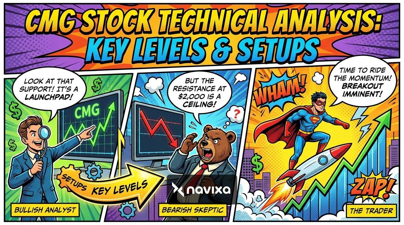 Technical analysis chart of CMG stock showing moving averages, support levels, and MACD indicator