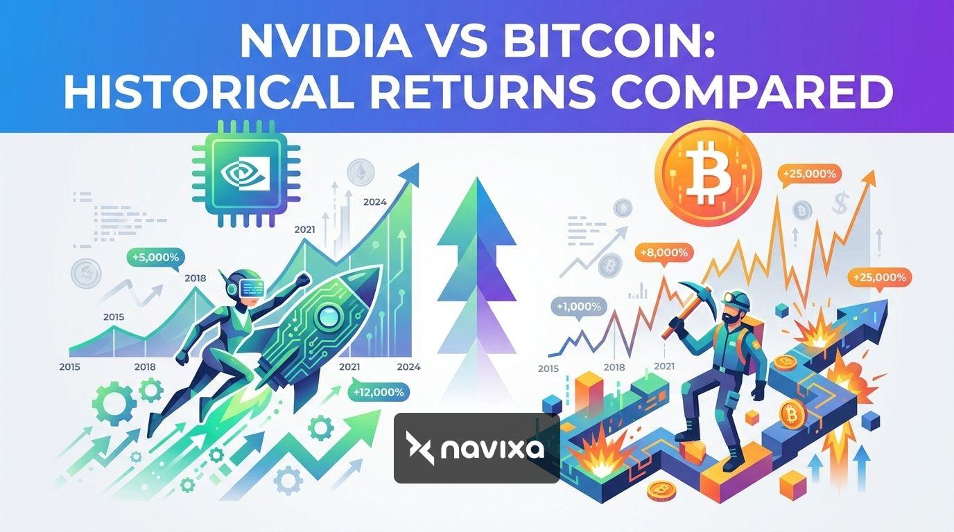 Trader analyzing Nvidia stock vs Bitcoin on multiple screens