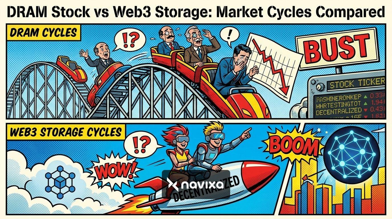 An AI illustration of a trader comparing traditional semiconductor hardware with decentralized Web3 nodes.