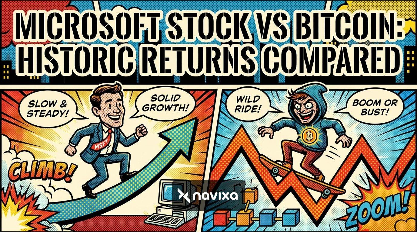Dual monitors showing a Microsoft stock ticker alongside a Bitcoin chart