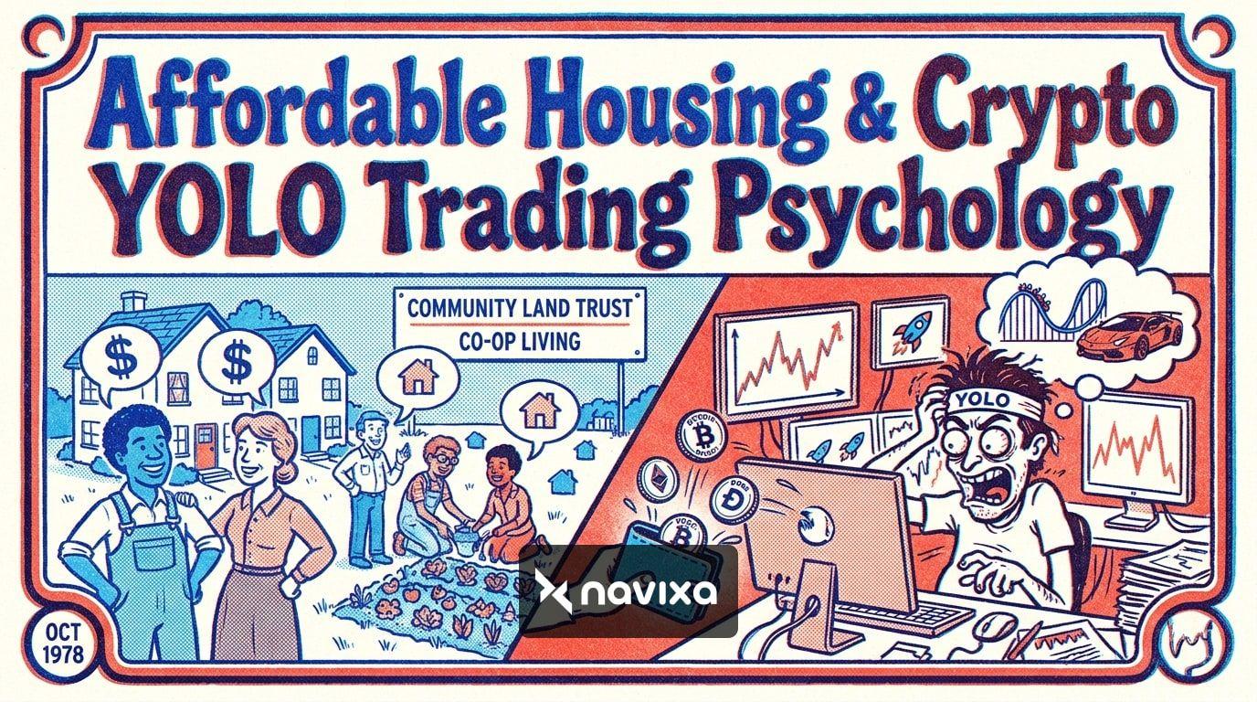 A trader analyzing a volatile chart next to a holographic house