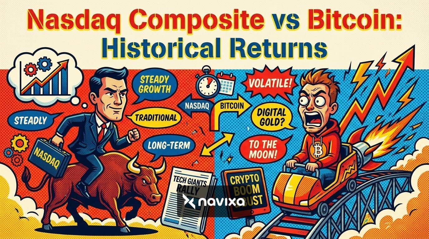 A split visual showing a bullish stock chart for the Nasdaq Composite vs Bitcoin price action