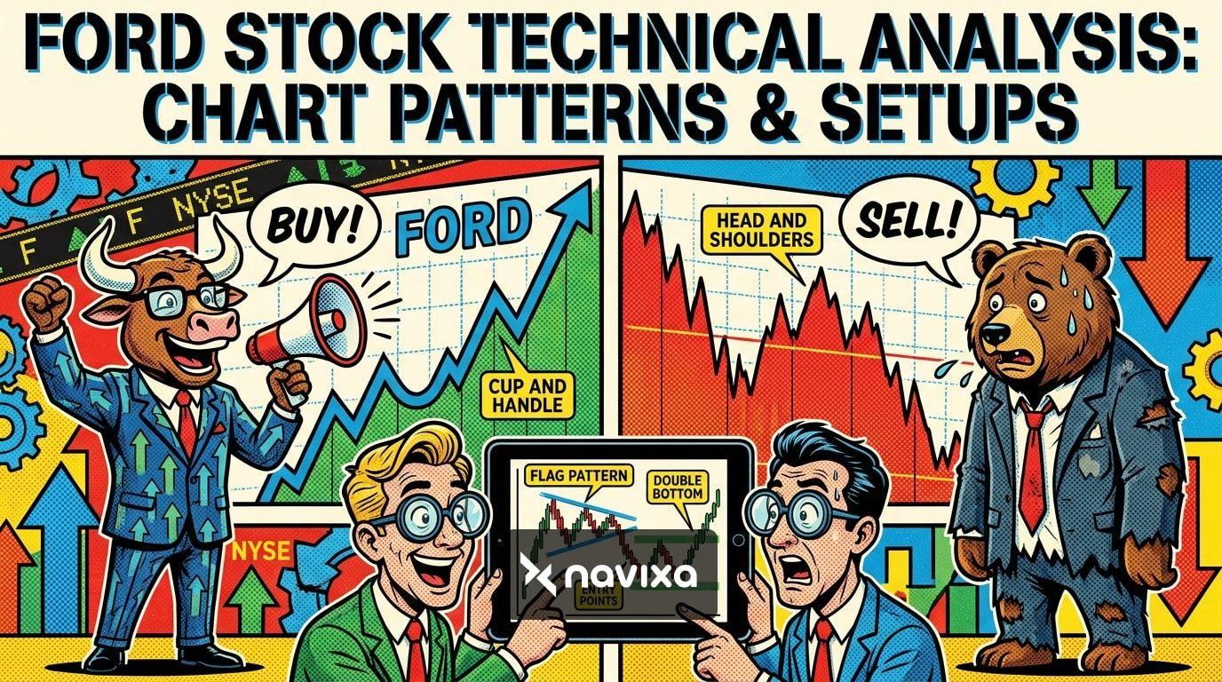 A dynamic stock market chart showing Ford stock technical analysis with support and resistance levels mapped out
