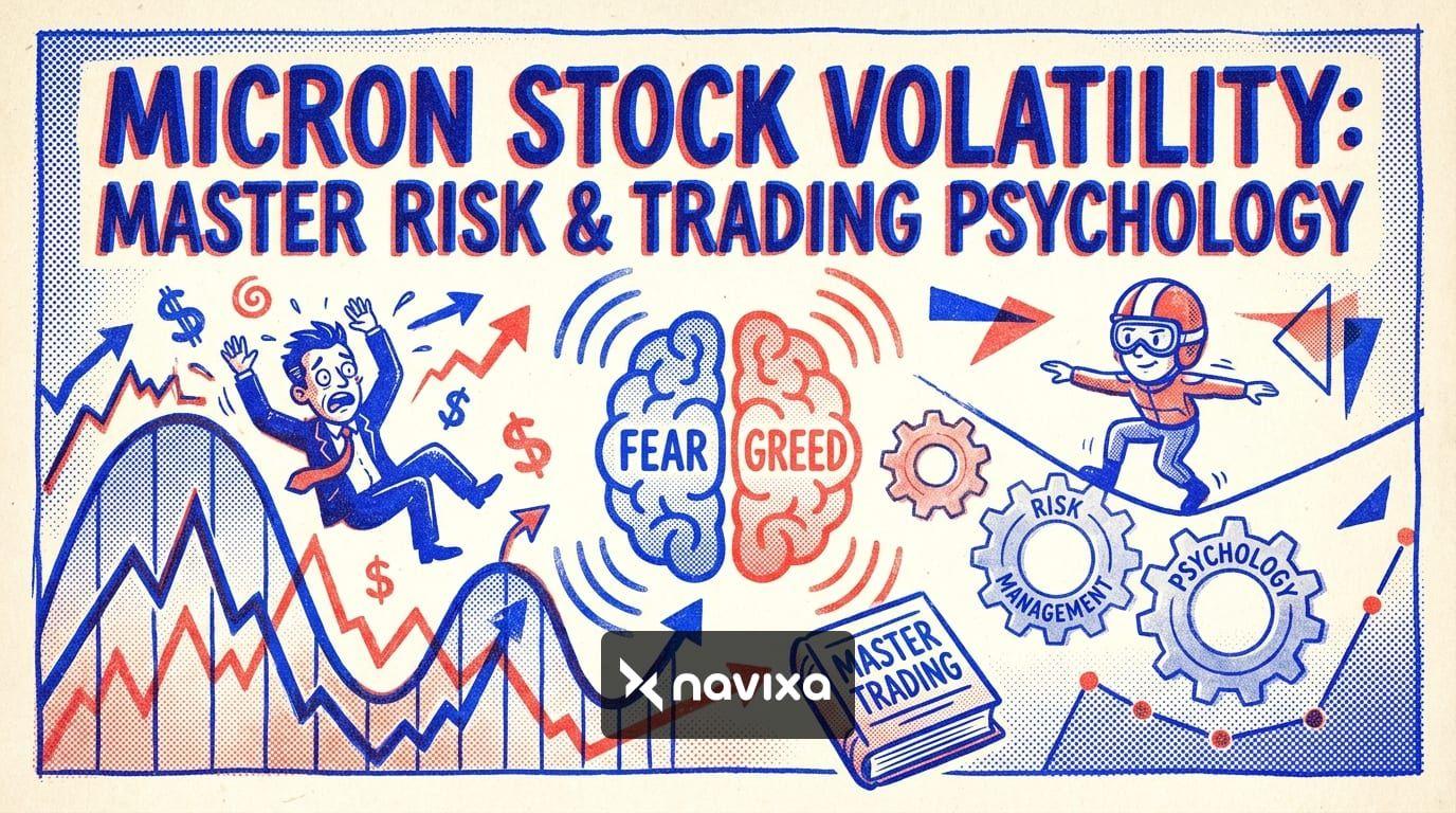 A modern digital dashboard displaying Micron stock volatility metrics and trading psychology concepts.