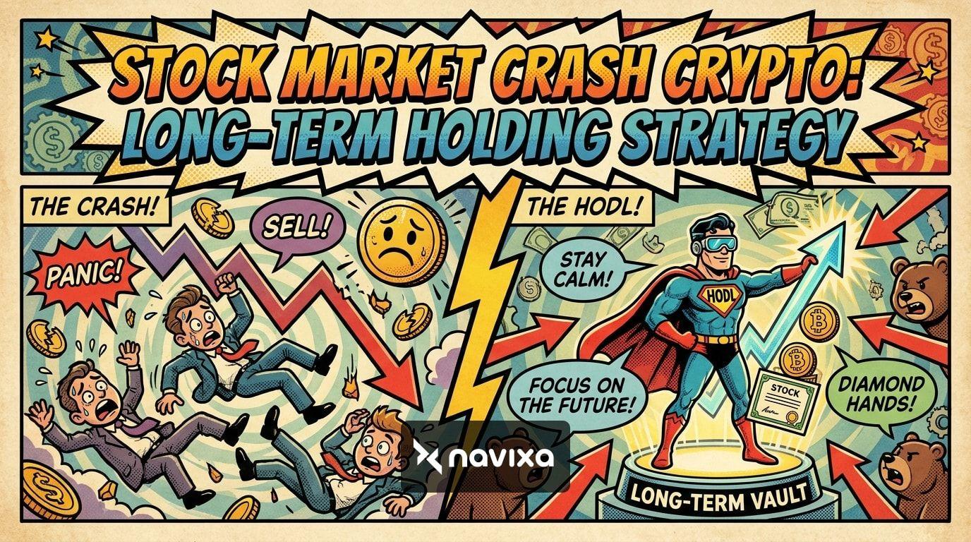 A conceptual chart showing a stock market crash alongside a resilient long-term cryptocurrency portfolio strategy.