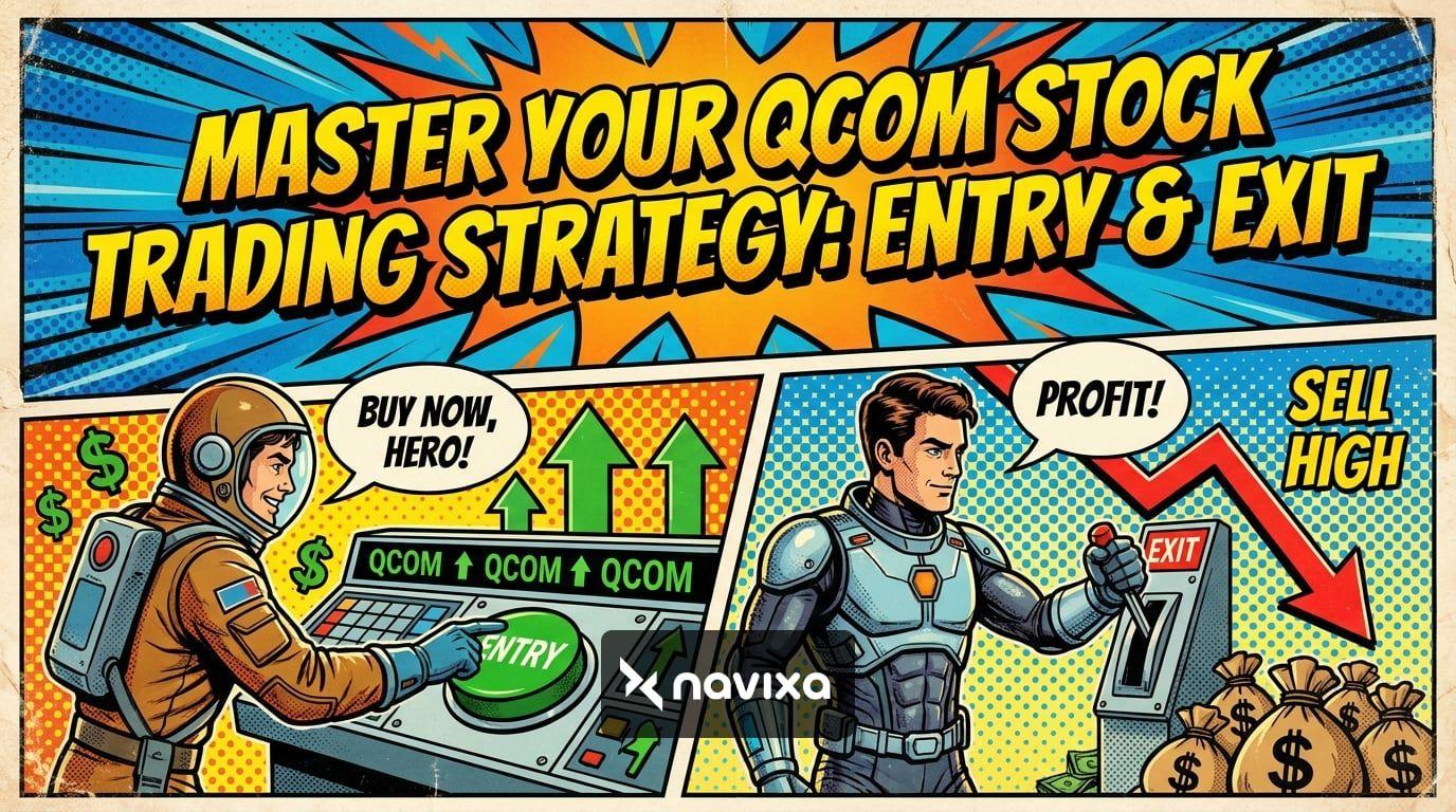 A professional trader analyzing a QCOM stock trading strategy on multiple digital displays