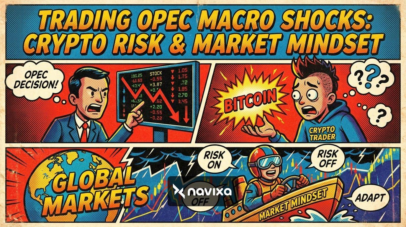 Conceptual illustration of trading OPEC macro shocks with oil barrels and crypto charts