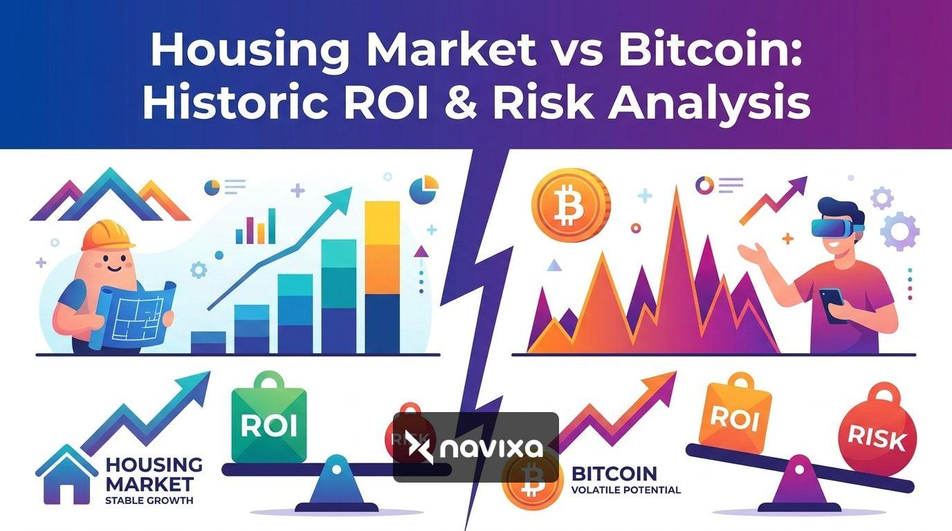 Illustration comparing physical real estate and a glowing Bitcoin symbol