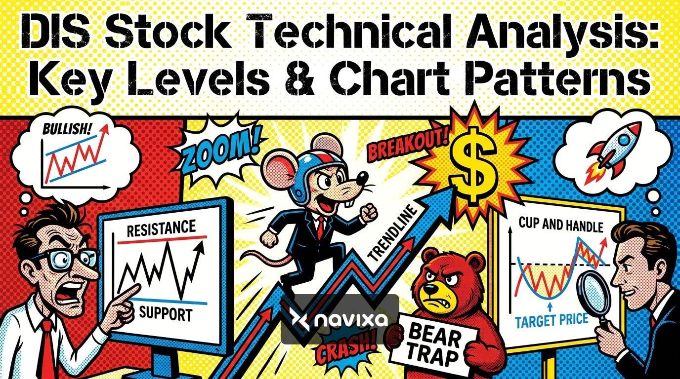 A candlestick chart illustrating key DIS stock technical resistance and support levels