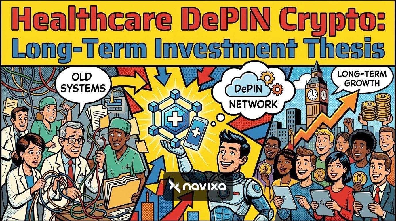 Conceptual illustration of a healthcare DePIN crypto network showing secure medical data sharing