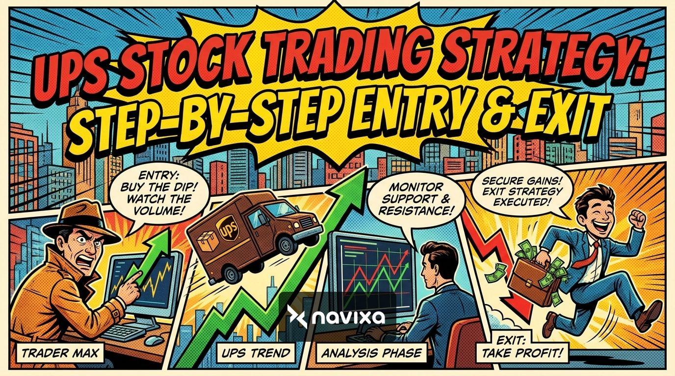 Trader analyzing a UPS stock trading strategy on multiple monitors