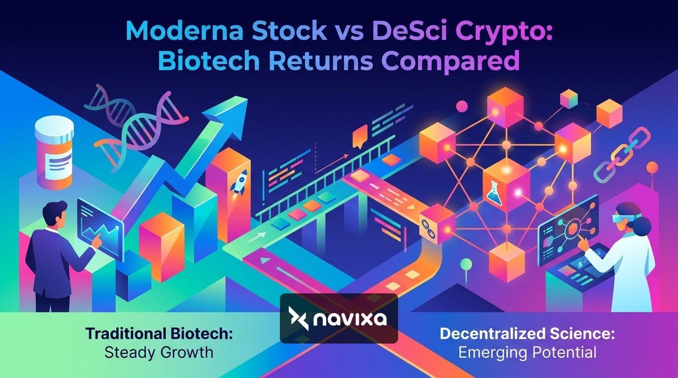 Illustration comparing traditional biotech science with decentralized science crypto trading