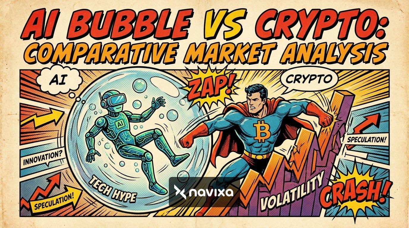 A confident trader analyzing the AI bubble vs crypto market charts on multiple screens